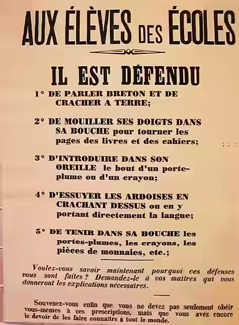 Old French public school poster telling young kids to not do stupid things while they’re in class… also reminding them they should not be speaking Breton… another topic worth discussing how French we force fed to the entire country, since Richelieu decided a country needed a single common language